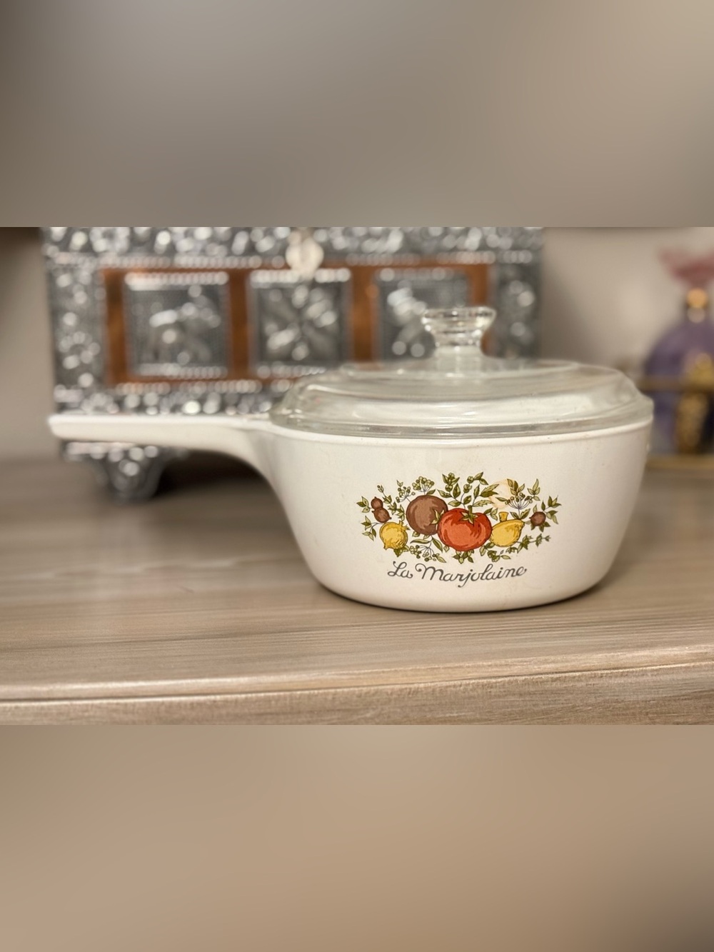 Corningware White Saucepan with Spice of Life Fruit Motif and Glass Lid